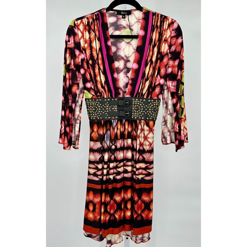 Sky Y2K Silk Plunge V-Neck Mini‎ with studded front belt Medium